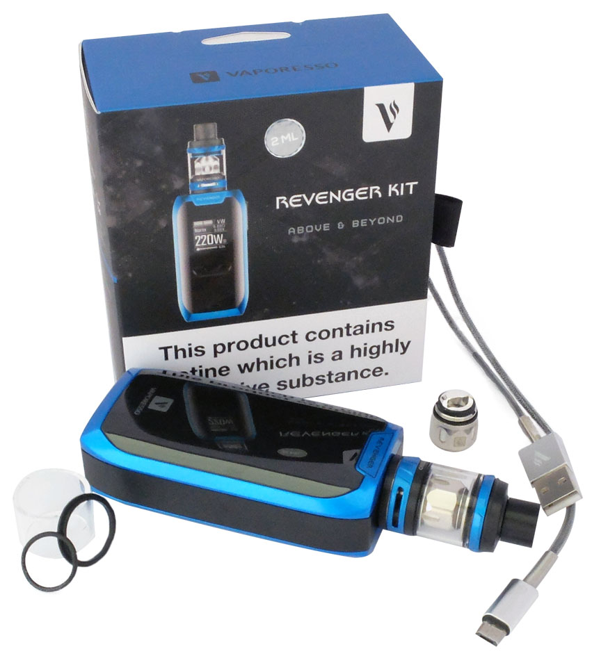 Inhoud van de kit Revenger Vaporesso Revenger kit Vaporesso, Transmission, Vapoteuse vergadering weerstand, usb-kabel, extra te sluiten, spare pyrex